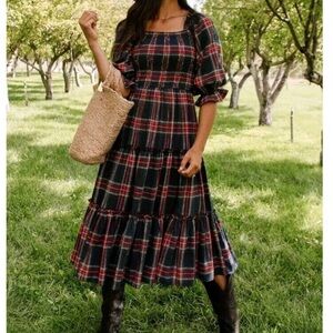 Ivy City Co Madeline Midi Tiered Prairie Dress Red Plaid